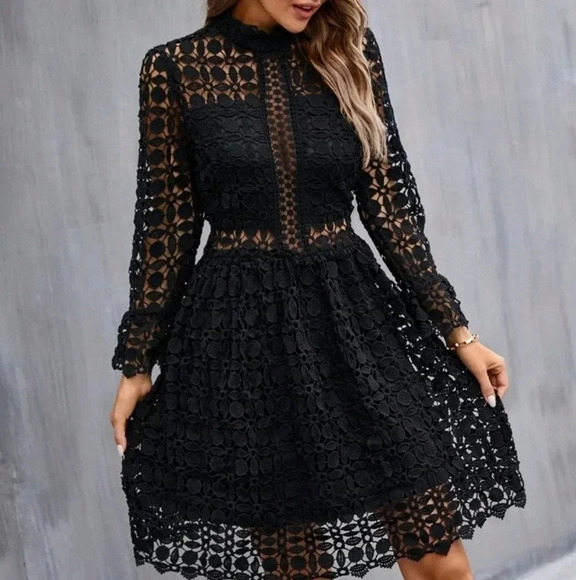 . Dresses & Skirts - Black Boho Womens' Long Sleeve Guipure Lace Dress